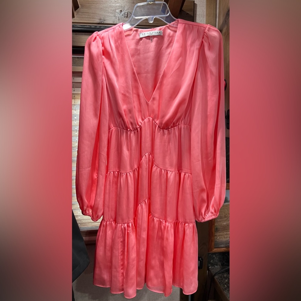 Make Merry V-Neck Long Blouson Sleeve Tiered Pleated Dress